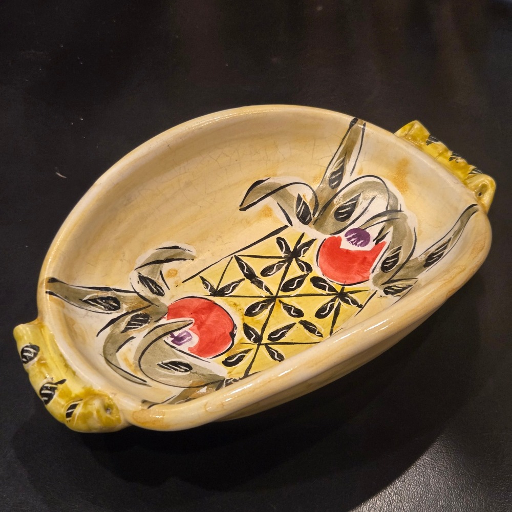 Posey Bacopoulos Bowl majolica terracotta Yellow Hand Painted Studio Pottery MCM